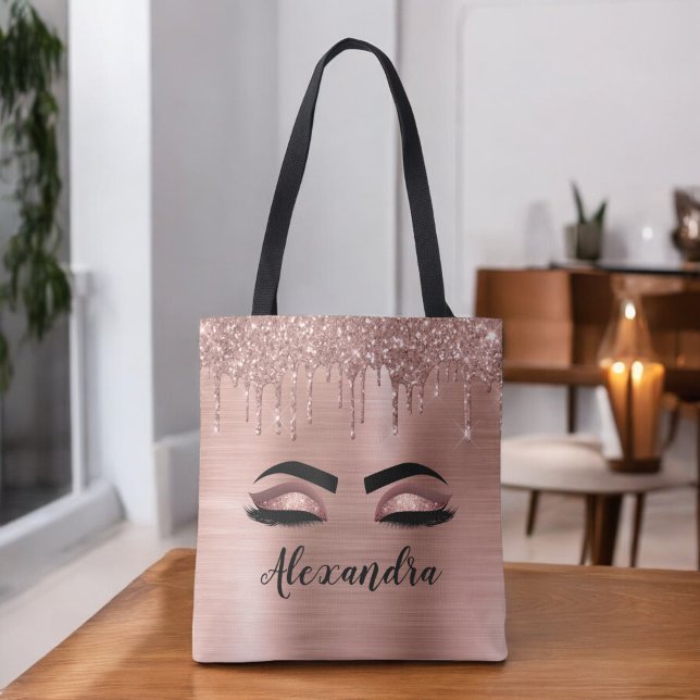 Bolsa Tote Rosa Dourado Glitter Sparkle Eyelashes Monograma (Criador carregado)