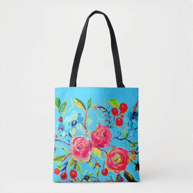 Bolsa Tote Rosa e Azul Brilhante de Cereja (Frente)