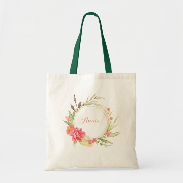 Bolsa Tote Rosa e Peony Flower Wreath (Frente)