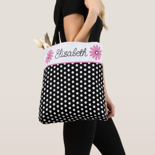 Bolsa Tote Rosa e Preto Com Bolinhas Brancas Personalizadas