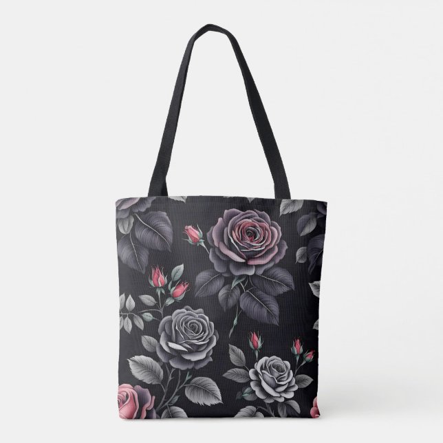 Bolsa Tote Rosa Escuro de design de Arte Floral (Verso)