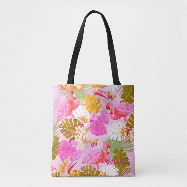 Bolsa Tote Rosa Flamingo Garden (Frente)