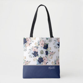 Bolsa Tote Rosa Floral Azul Marinho com Nome