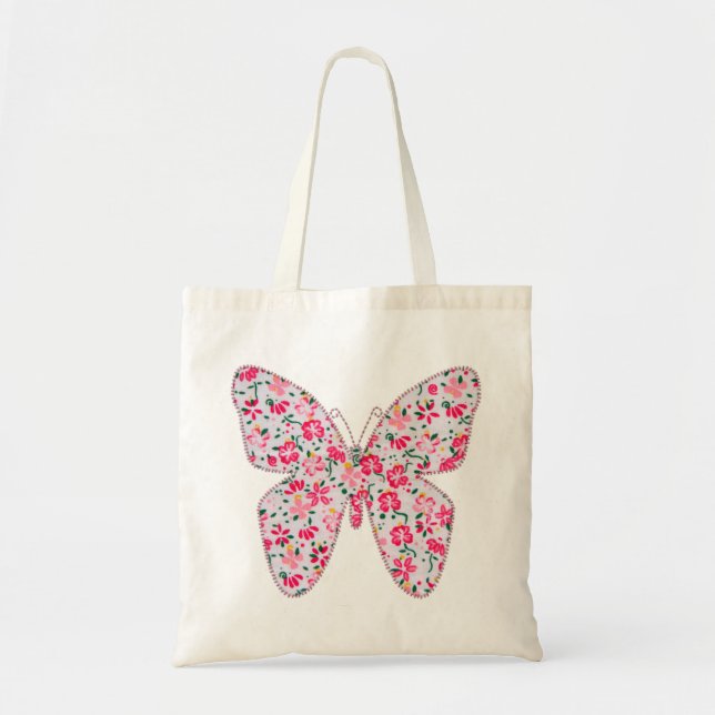 Bolsa Tote Rosa floral da borboleta do tecido do Applique (Frente)