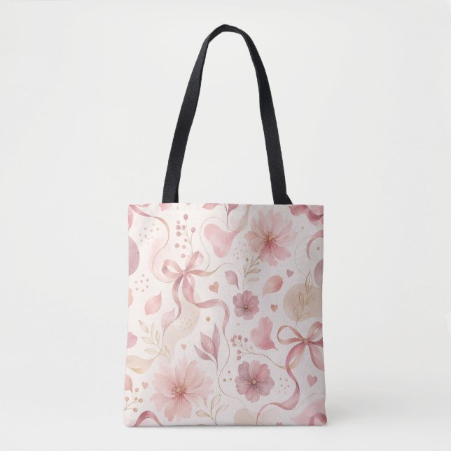 Bolsa Tote Rosa Floral Laço Coquette (Frente)
