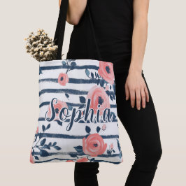 Bolsa Tote Rosa Floral Preppy Rosa Pêssego Personalizado com