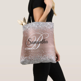 Bolsa Tote Rosa Glitter Dourado Folha Monograma Chique