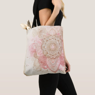 Bolsa Tote Rosa Marrom Creme Mandala Boêmio Moda Boho