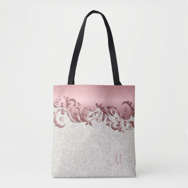 Bolsa Tote Rosa metálico do rosa floral com confetes brancos (Frente)