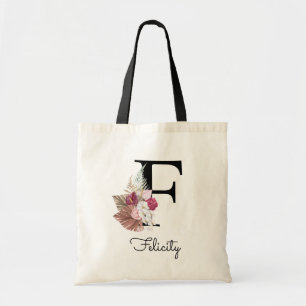 Bolsa Tote Rosa Moderno Boho Floral Feminino Inicial F