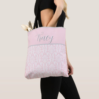 Bolsa Tote Rosa Pálido Damask Elegante Minimalista Personaliz