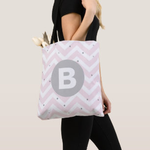 Bolsa Tote Rosa Pastel Chevron e Monograma Cinza Pontos