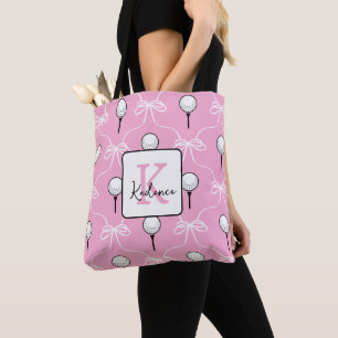 Bolsa Tote Rosa Préppy Laço Branco Padrão de Golfe Monograma