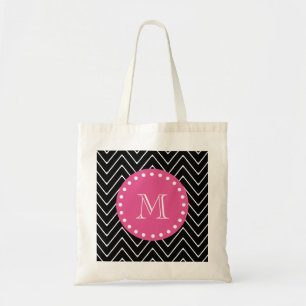 Bolsa Tote Rosa quente, Chevron preto e branco seu