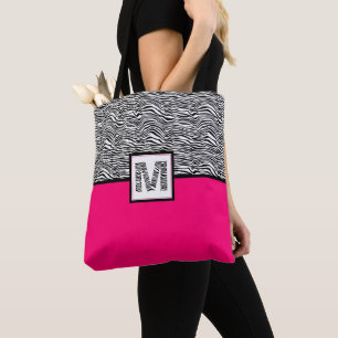 Bolsa Tote Rosa quente preto & branco do monograma do