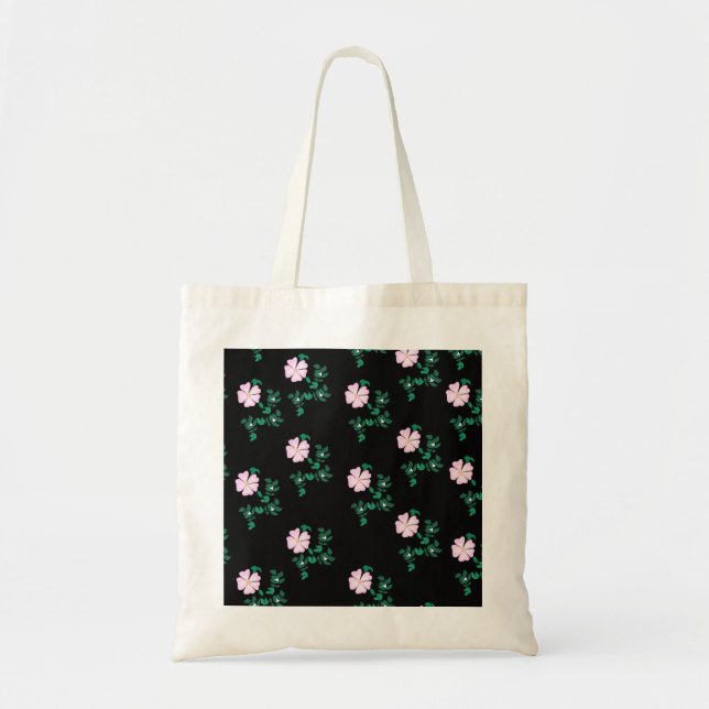 Bolsa Tote Rosa Selvagem - Padrão Floral no Fundo Negro (Frente)