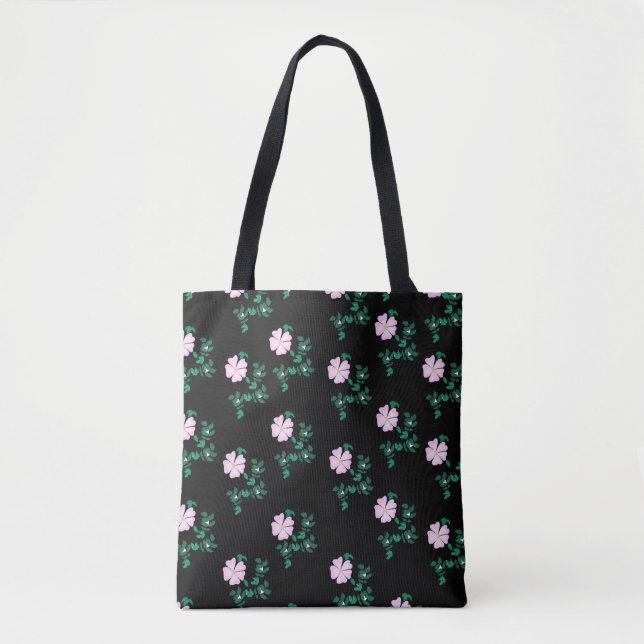 Bolsa Tote Rosa Selvagem - Padrão Floral no Fundo Negro (Frente)