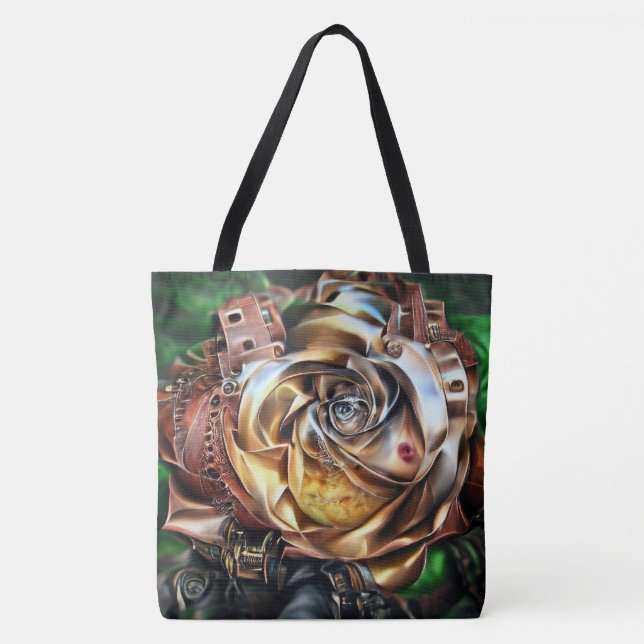 Bolsa Tote Rosa Steampunk com Face Surreal - Flor Mecânico (Frente)