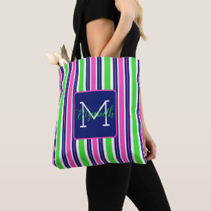 Bolsa Tote Rosa Verde Azul Navy Listrado Monograma Esportivo