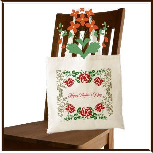 Bolsa Tote Rosa vermelha feliz dia de as mães Verde Floral Cu