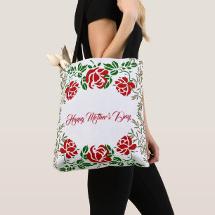 Bolsa Tote Rosa vermelha feliz dia de as mães Verde Floral Cu