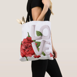 Bolsa Tote Rosa Vermelha Romântica com Tipografia de Amor Ous