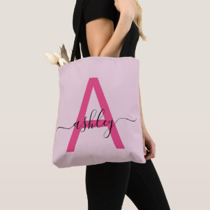 Bolsa Tote Rosa Vibrante Moderno Nome Monograma Menina Script