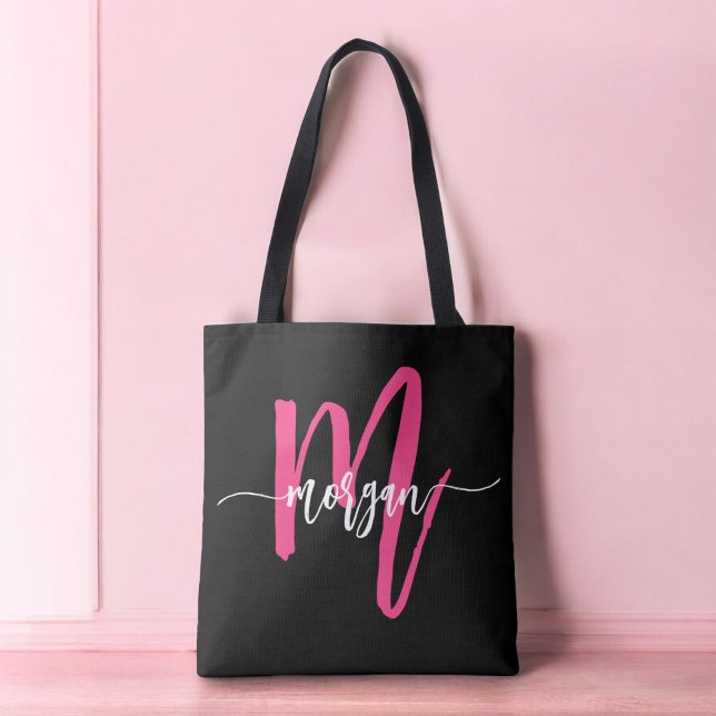 Bolsa Tote Rosa Vibrante Preto Moderno Letra Feminina Monogra (Criador carregado)
