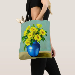Bolsa Tote Rosas Amarelas em Arte Azul Vase Boho