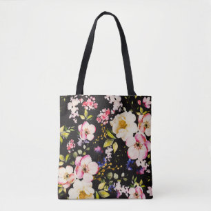 Bolsa Tote Rosas Amarelas Rosa em Aquarela Fundo Preto
