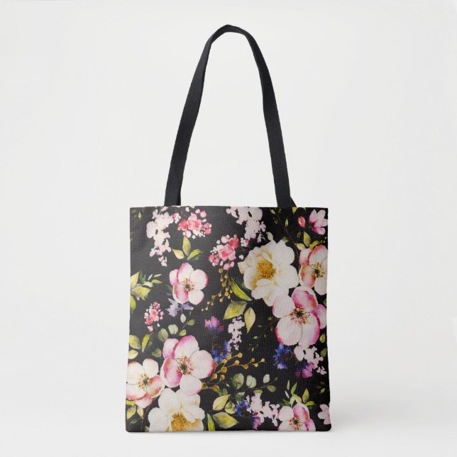 Bolsa Tote Rosas Amarelas Rosa em Aquarela Fundo Preto (Frente)