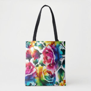 Bolsa Tote Rosas Arco-íris Vibrante Floral Colorida 