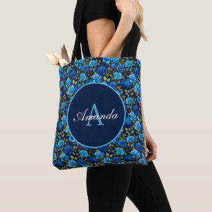 Bolsa Tote Rosas Azuis Elegantes Padrão Floral Foto Monograma