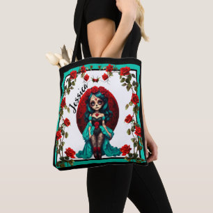 Bolsa Tote Rosas Azuis-esverdeadas e Vermelhas Açúcares Crani