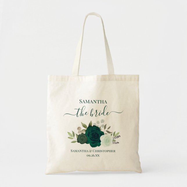 Bolsa Tote Rosas Boho Verde Esmeralda Noiva Elegante Casament (Frente)