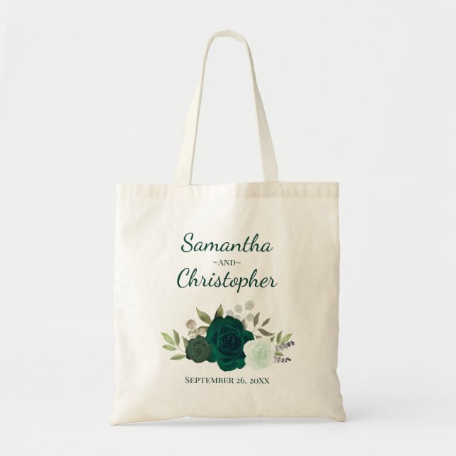 Bolsa Tote Rosas Boho Verde Esmeralda Nomes do Casal Casament (Frente)