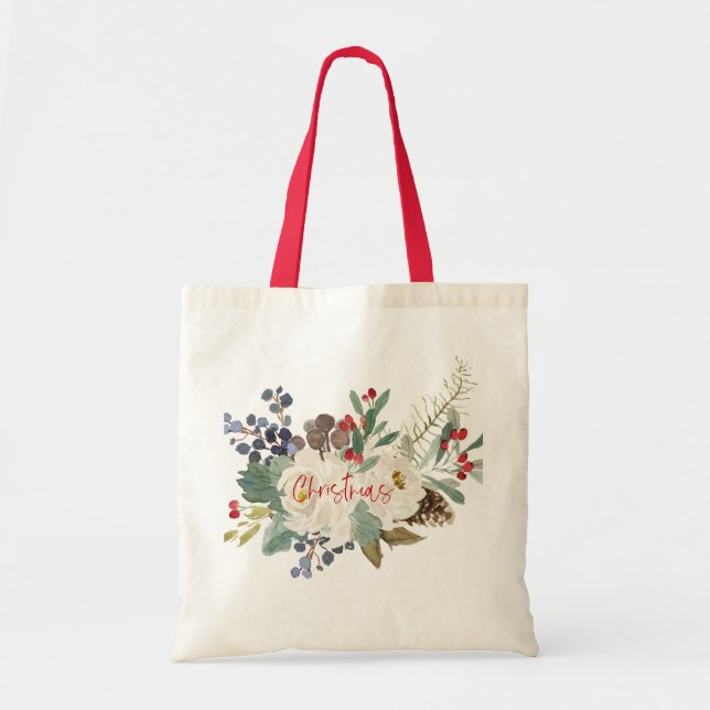 Bolsa Tote Rosas brancas e buquê foliar de Natal (Frente)