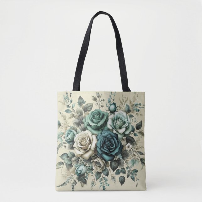 Bolsa Tote Rosas Brancas e Teais (Frente)
