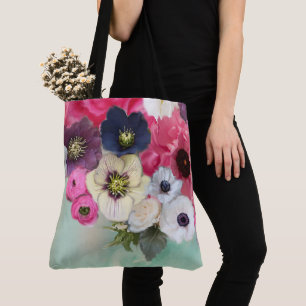 BOLSA TOTE ROSAS BRANCAS ROSADAS, FLORES DE ANÉMONA, AZUL ÁGU