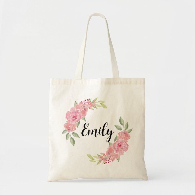 Bolsa Tote Rosas Clássicas Flores Nome Monograma Damas de Hon (Frente)