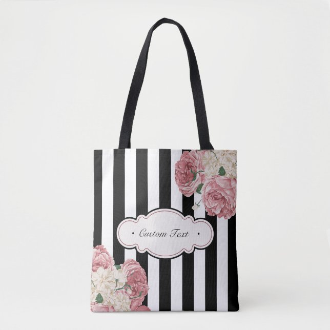 Bolsa Tote Rosas com listras preto e branco (Frente)