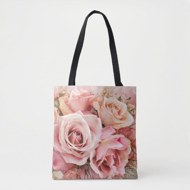 Bolsa Tote Rosas cor-de-rosa com flecha Aquarela nº 2 (Frente)