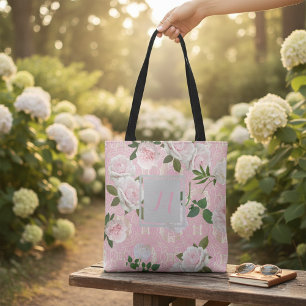 Bolsa Tote Rosas Cor-de-Rosa Elegantes e Monograma Damasco Do