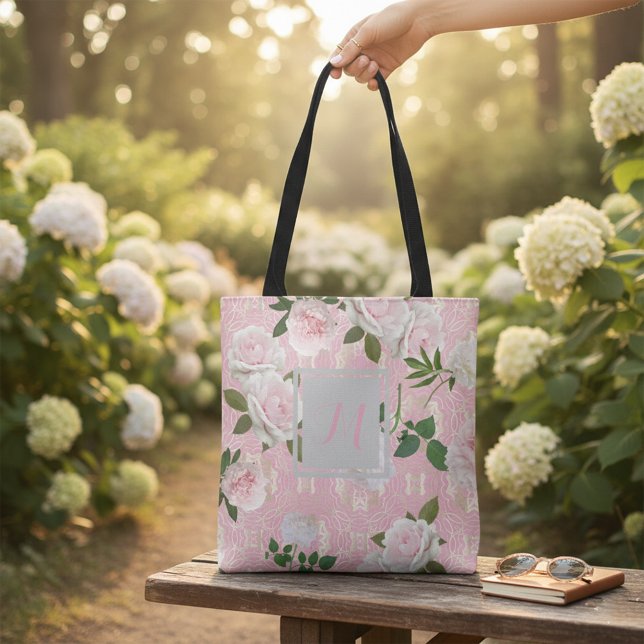 Bolsa Tote Rosas Cor-de-Rosa Elegantes e Monograma Damasco Do (Criador carregado)