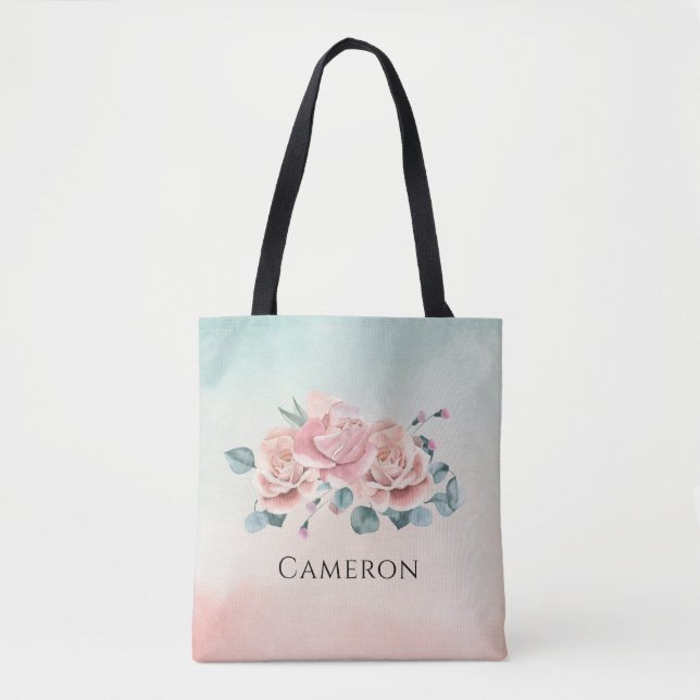 Bolsa Tote Rosas Cor-de-Rosa Elegantes Eucaliptos Floral Aqua (Frente)