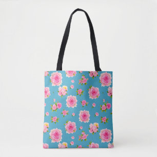 Bolsa Tote Rosas Cor-de-Rosa em um Fundo Azul