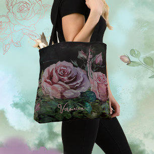 Bolsa Tote Rosas Cor-de-Rosa no Preto