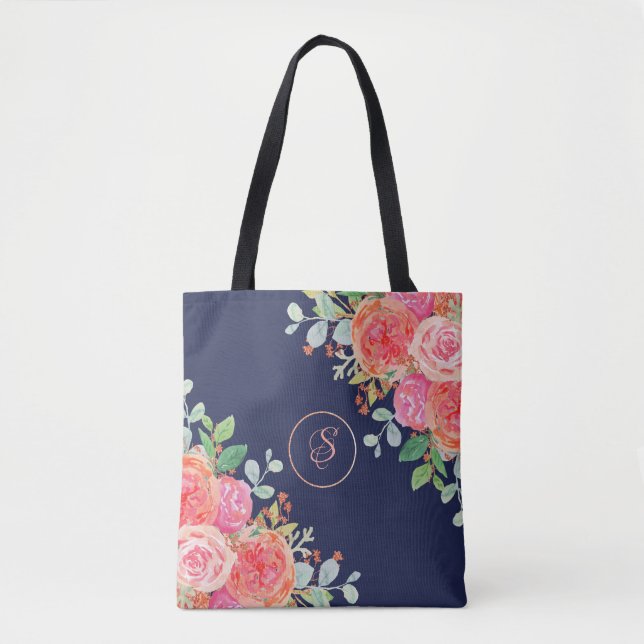 Bolsa Tote Rosas de Aquarela Monograma de Marinho Floral (Frente)