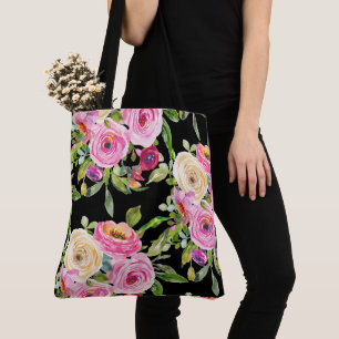 Bolsa Tote Rosas de aquarelas a rosa e creme a preto