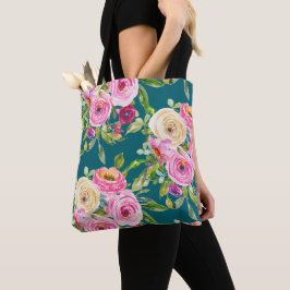 Bolsa Tote Rosas de aquarelas em rosa e creme no chão